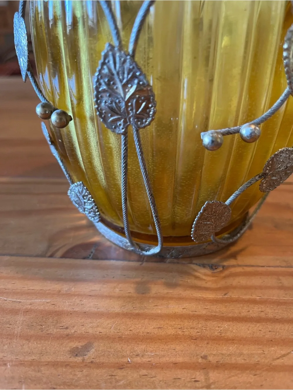Vintage Amber Glass Ice Bucket with Caged Leaf and Handle